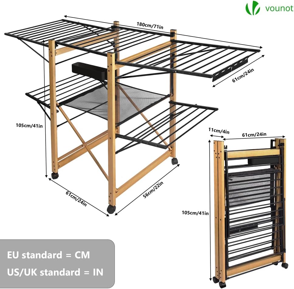 VOUNOT Large Clothes Airer, Foldable Clothes Drying Rack, 2-Level Clothes Horse with Wings & Casters, Free-Standing Garment Laundry Drying Rack for Indoor Outdoor, Black & Wood Look-3