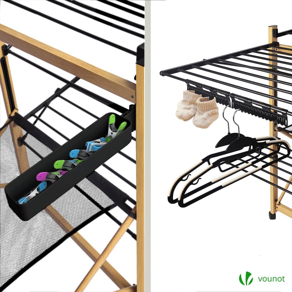 VOUNOT Large Clothes Airer, Foldable Clothes Drying Rack, 2-Level Clothes Horse with Wings & Casters, Free-Standing Garment Laundry Drying Rack for Indoor Outdoor, Black & Wood Look-4