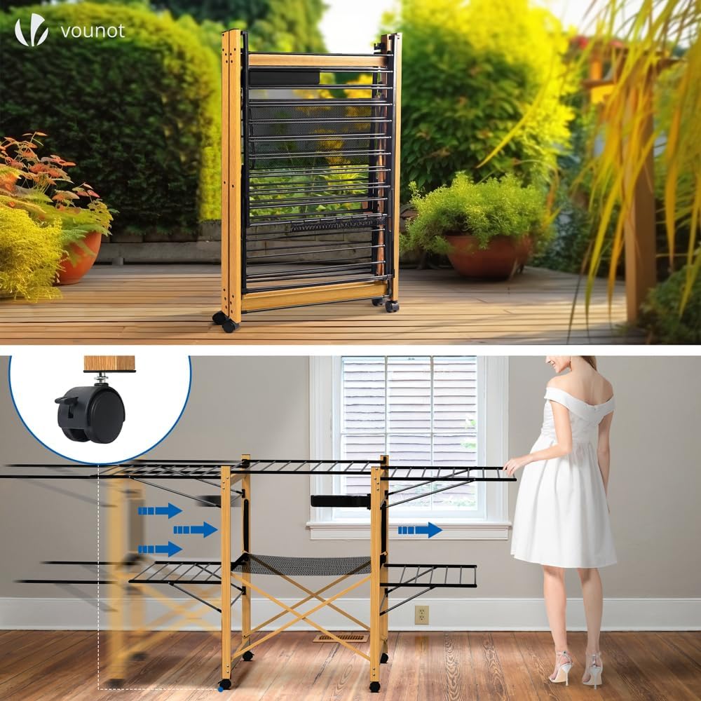 VOUNOT Large Clothes Airer, Foldable Clothes Drying Rack, 2-Level Clothes Horse with Wings & Casters, Free-Standing Garment Laundry Drying Rack for Indoor Outdoor, Black & Wood Look-5