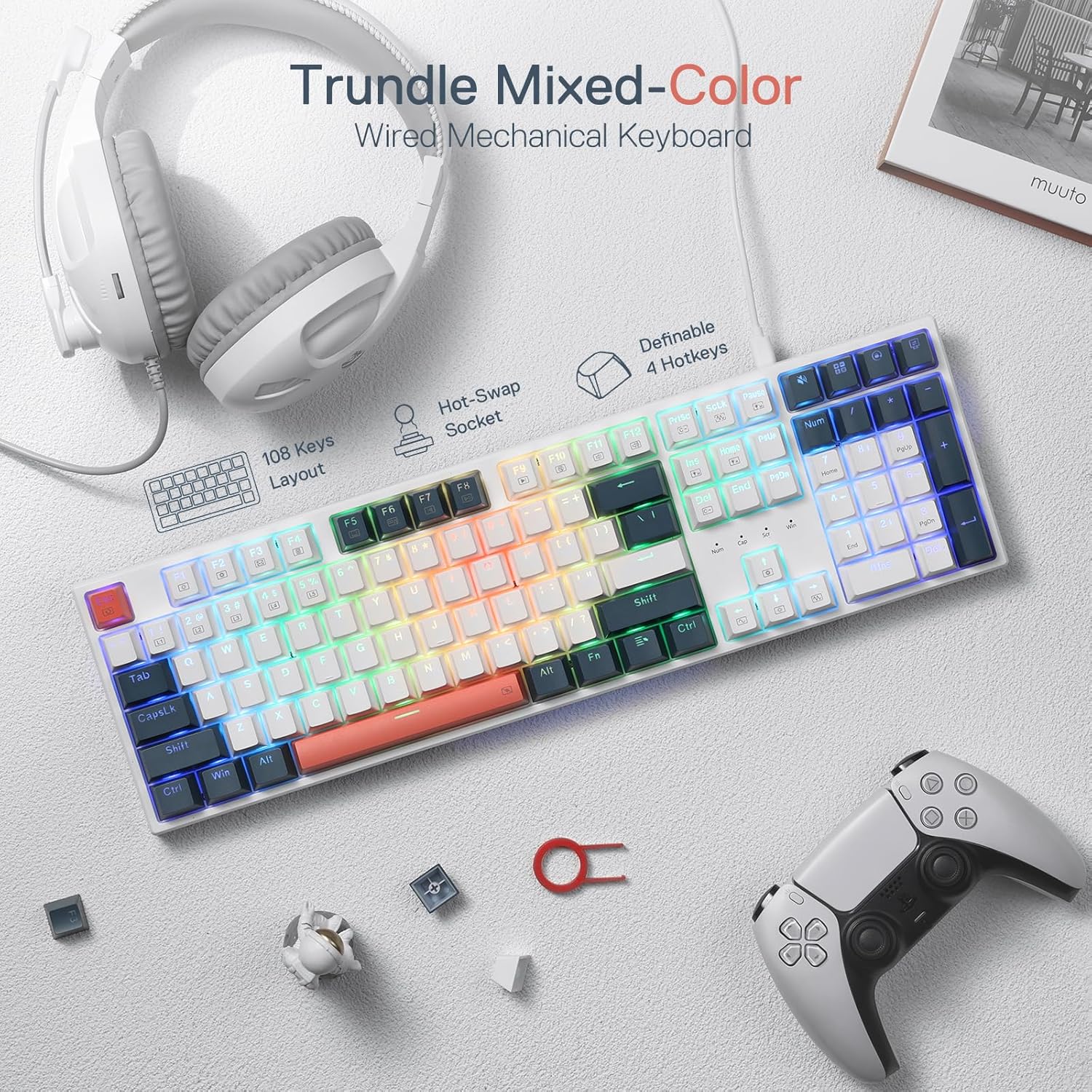 Redragon K668 RGB Gaming Keyboard, 104 keys + Extra 4 Hotkeys Wired Mechanical Keyboard w/Sound Absorbing Foams, Upgraded Hot-swappable Socket, Mixed Color Keycaps, Red Switch-1