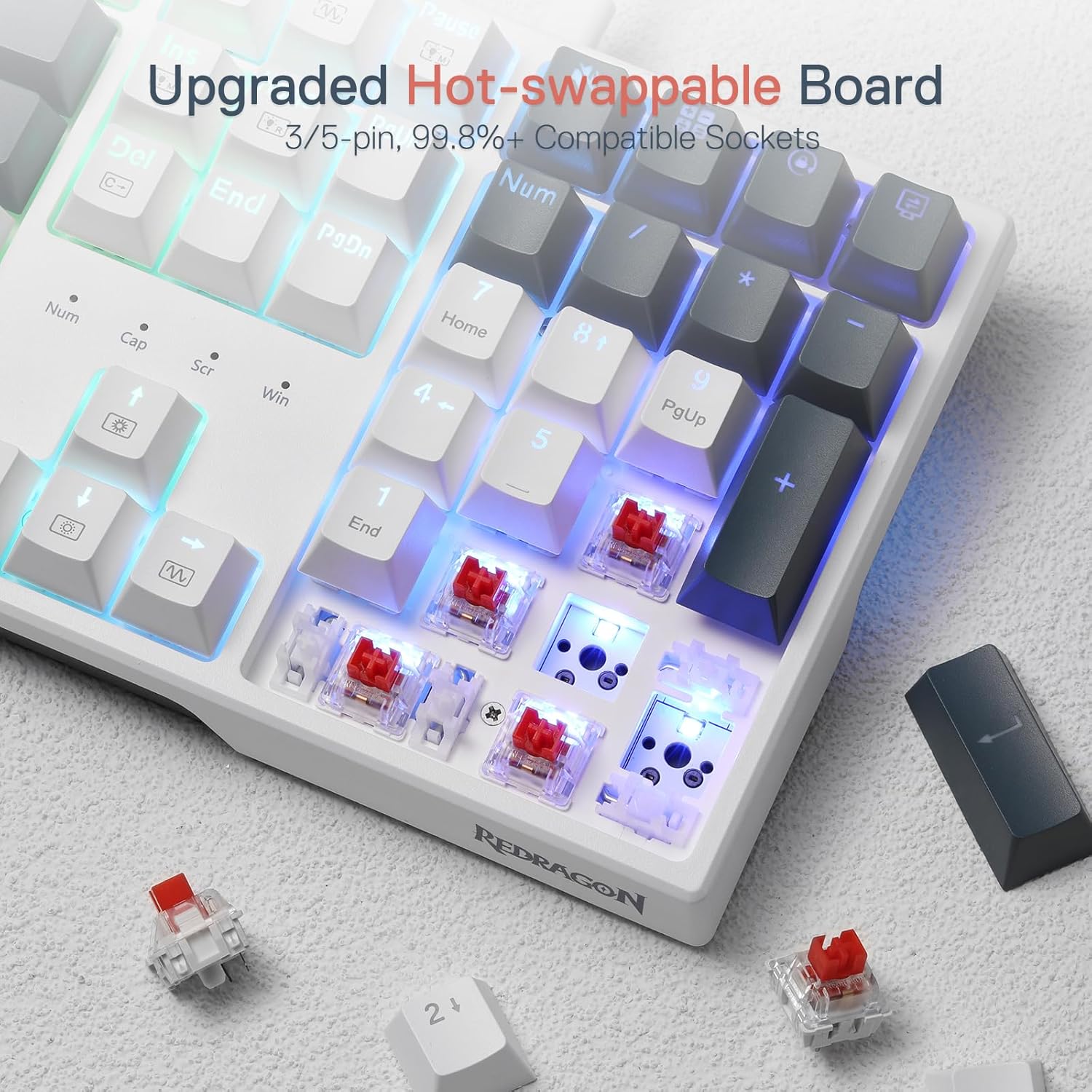 Redragon K668 RGB Gaming Keyboard, 104 keys + Extra 4 Hotkeys Wired Mechanical Keyboard w/Sound Absorbing Foams, Upgraded Hot-swappable Socket, Mixed Color Keycaps, Red Switch-4