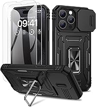 Doeshine for iPhone 15 Pro Case, 2 Pack Screen Protector, with Magnetic Ring Kickstand & Slide Camera Cover, Shockproof Military Drop Protection Cases for iPhone 15 Pro 5G 2023 (Black)