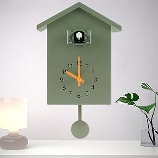 Cuckoo Clock with Chimer Minimalist Cuckoo Sound Clock with Pendulum Delicate Cuckoo Clock Bird House Battery Powered Cuckoo Wall Clock for Wall Art Home Living Room Kitchen Office Decoration (Green)