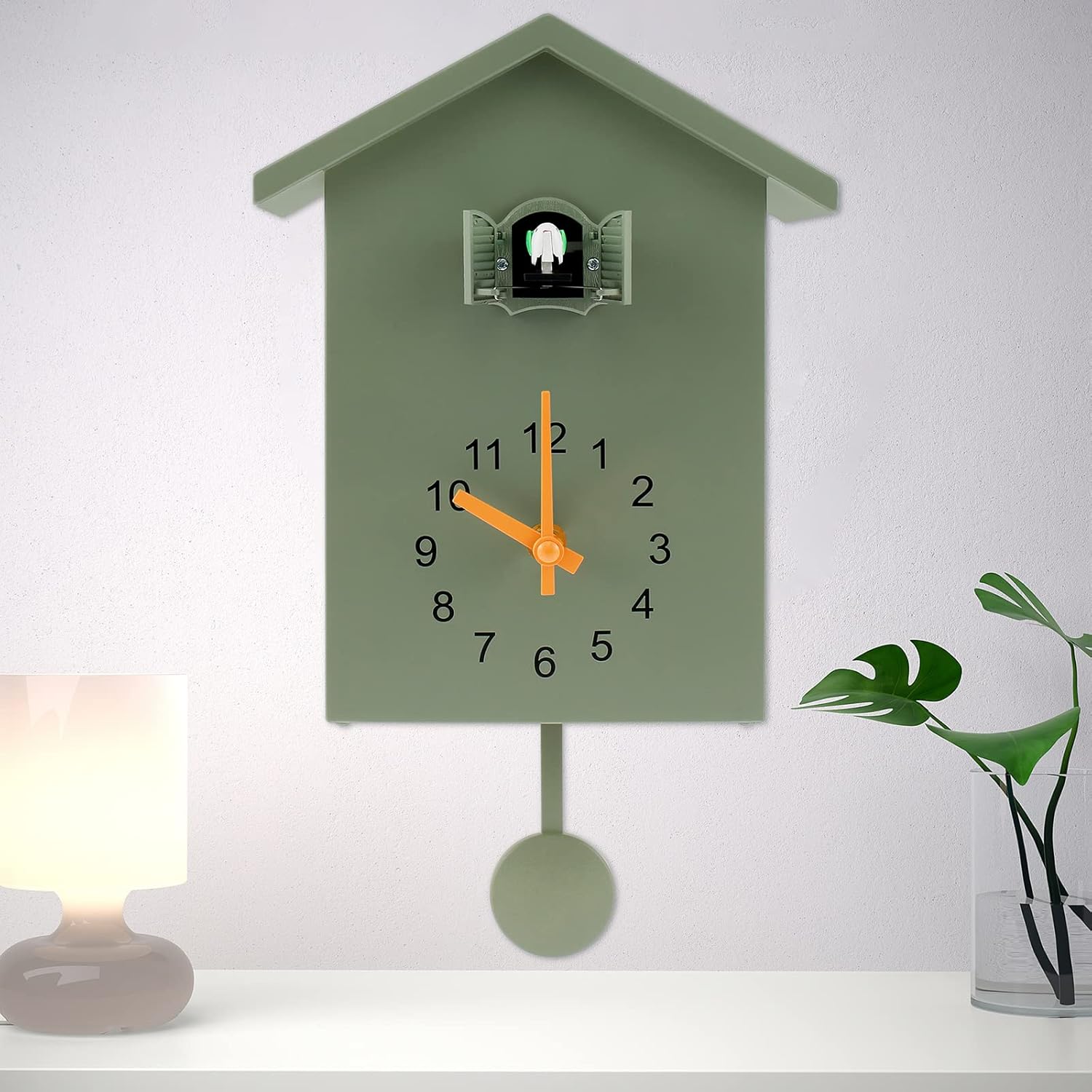 Cuckoo Clock with Chimer Minimalist Cuckoo Sound Clock with Pendulum Delicate Cuckoo Clock Bird House Battery Powered Cuckoo Wall Clock for Wall Art Home Living Room Kitchen Office Decoration (Green)-0