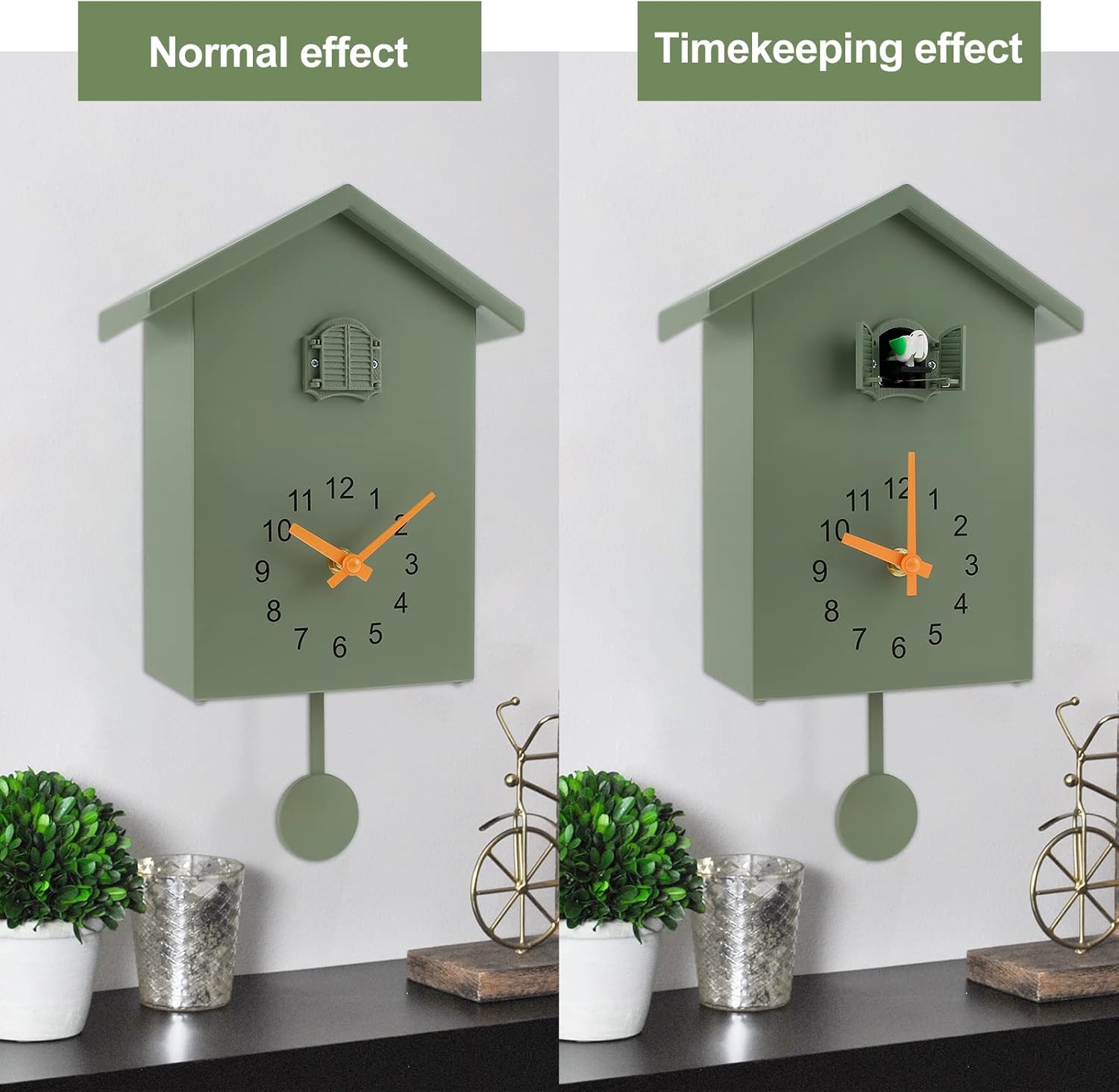 Cuckoo Clock with Chimer Minimalist Cuckoo Sound Clock with Pendulum Delicate Cuckoo Clock Bird House Battery Powered Cuckoo Wall Clock for Wall Art Home Living Room Kitchen Office Decoration (Green)-1