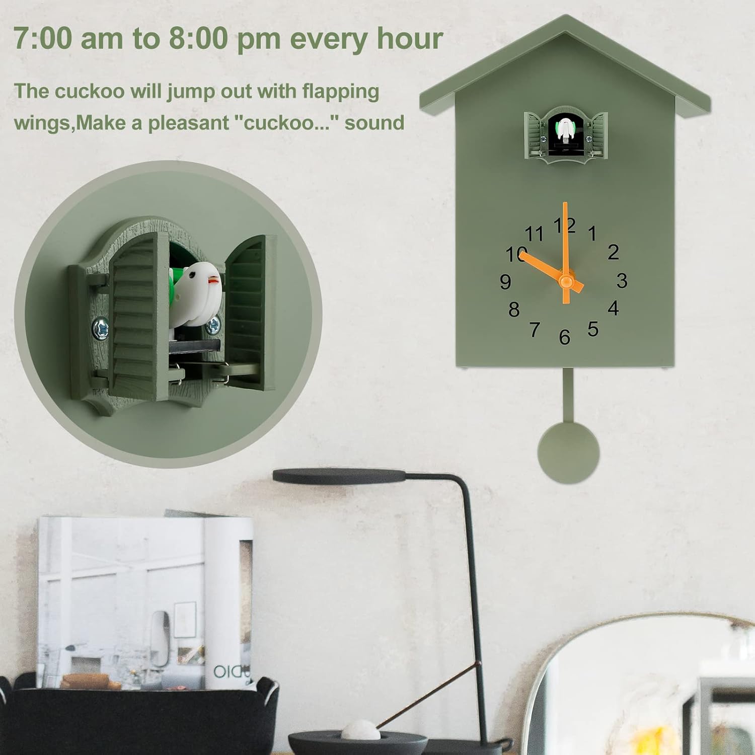 Cuckoo Clock with Chimer Minimalist Cuckoo Sound Clock with Pendulum Delicate Cuckoo Clock Bird House Battery Powered Cuckoo Wall Clock for Wall Art Home Living Room Kitchen Office Decoration (Green)-4