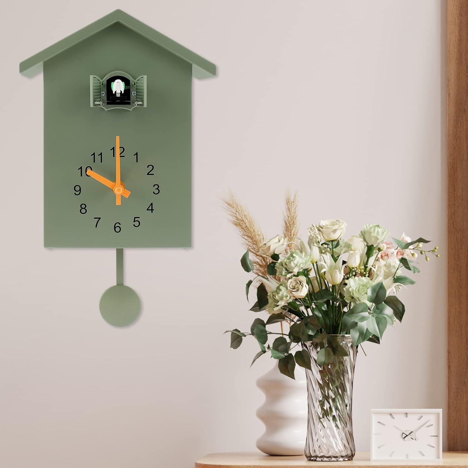 Cuckoo Clock with Chimer Minimalist Cuckoo Sound Clock with Pendulum Delicate Cuckoo Clock Bird House Battery Powered Cuckoo Wall Clock for Wall Art Home Living Room Kitchen Office Decoration (Green)-6