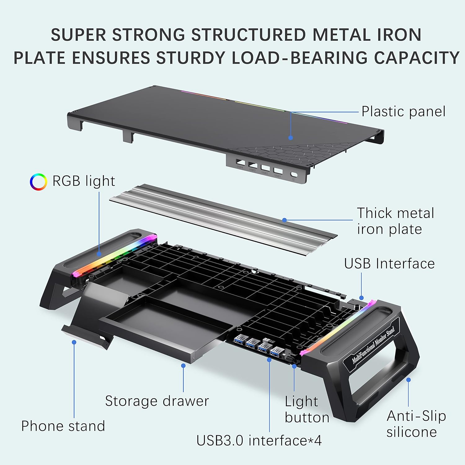 MOOJAY Monitor Stand for Desk RGB Gaming Lights with 4 USB 3.0 Hub, Foldable Computer Screen Riser with Storage Drawer and Phone Holder, Desk Organizer with Pen Tray for PC/Laptop/iMac - Black-1