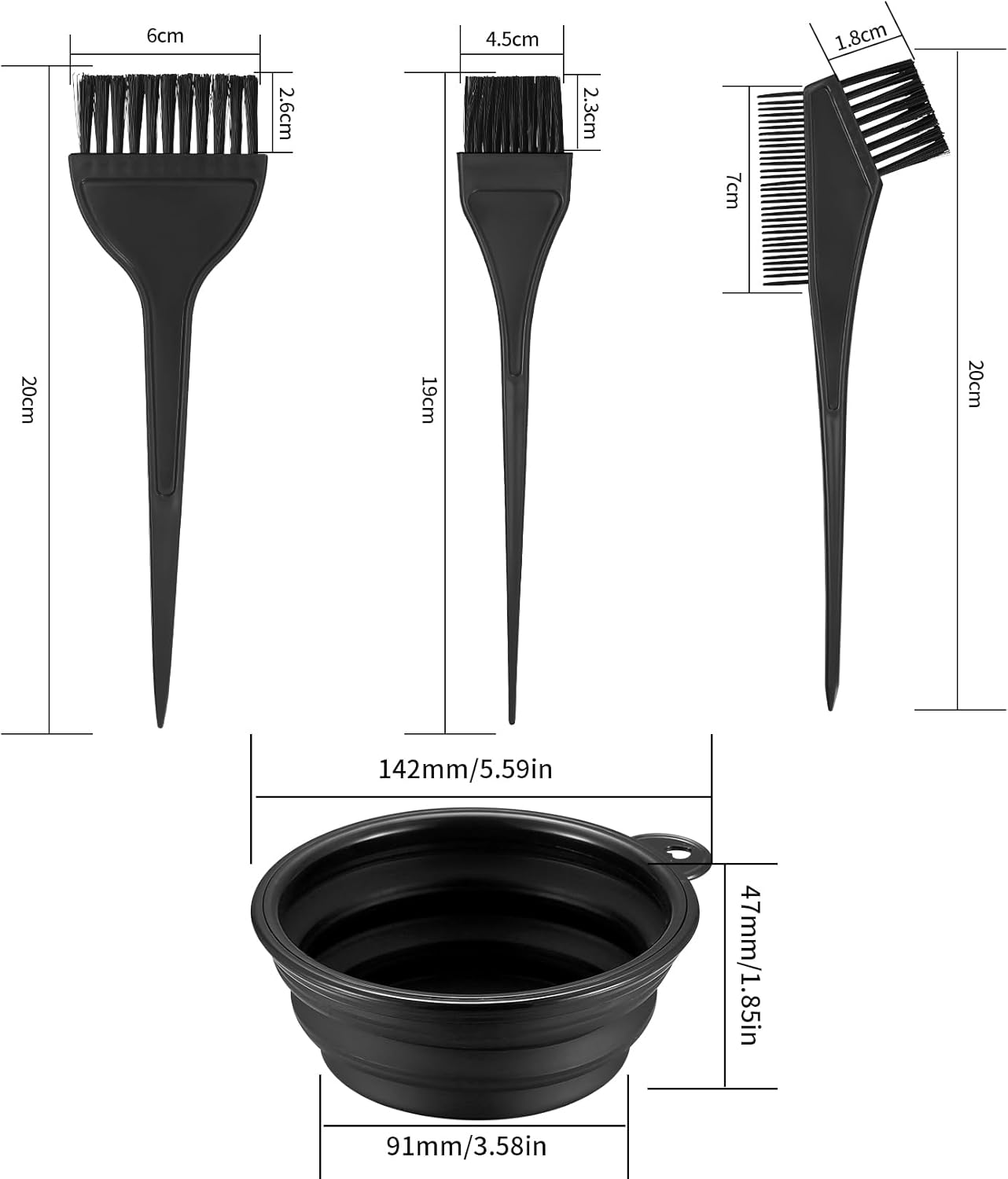 VARHHUXHA 4 Pcs Hair Coloring Brushes, Hair Dye Brush and Mixing Bowl Set, Double-Sided Hair Dying Brushes Tint Comb Set for DIY Salon Hair Coloring Dying Brushes, with Hair Dying Mixing Bowl - Black-1