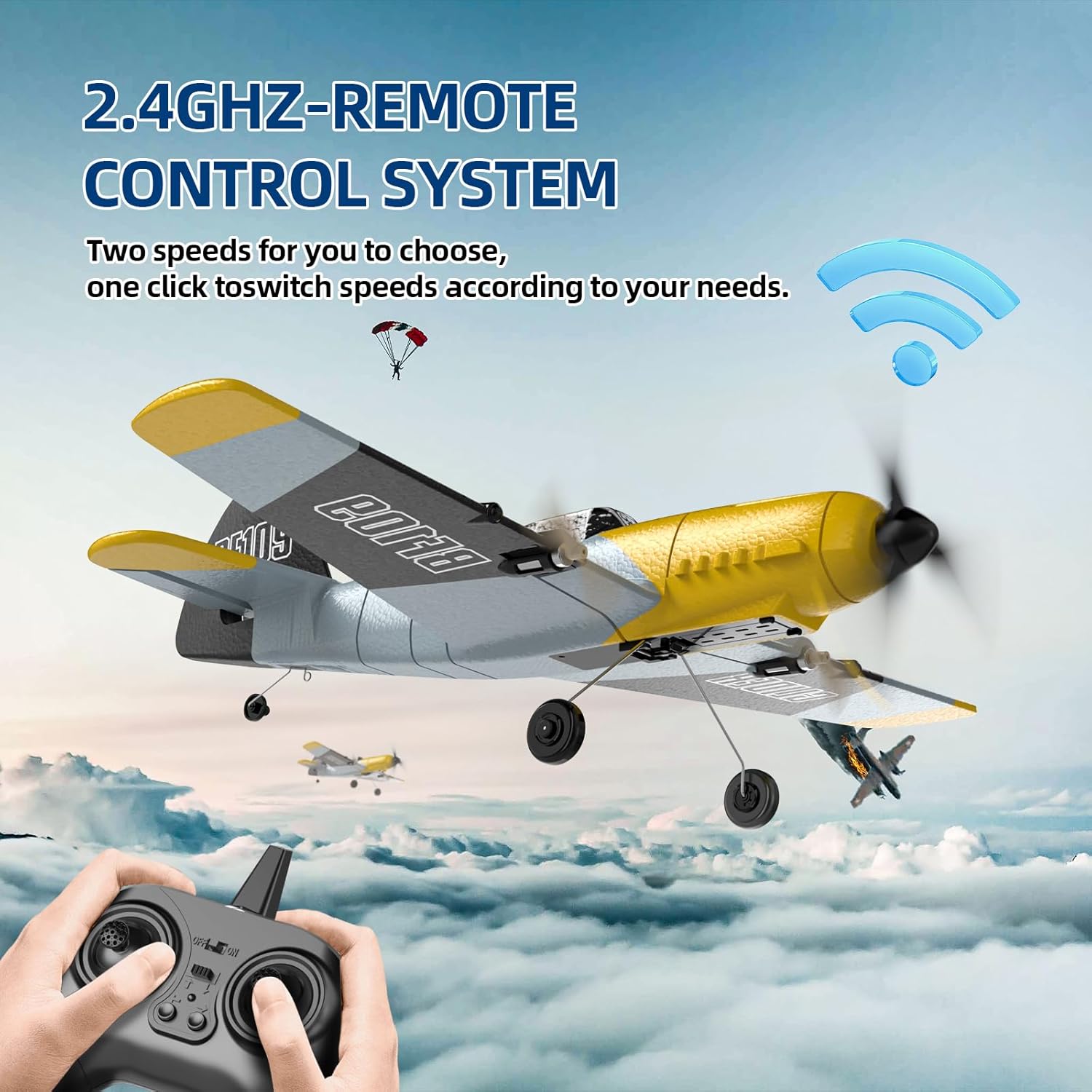 DEERC RC Plane 3 Channel BF-109 Remote Control Airplane Fighter Toys,2.4GHz 6-axis Gyro Stabilizer RTF Glider Aircraft Plane with 2 Batteries,Easy to Fly for Adults Kids Beginners Boys-4