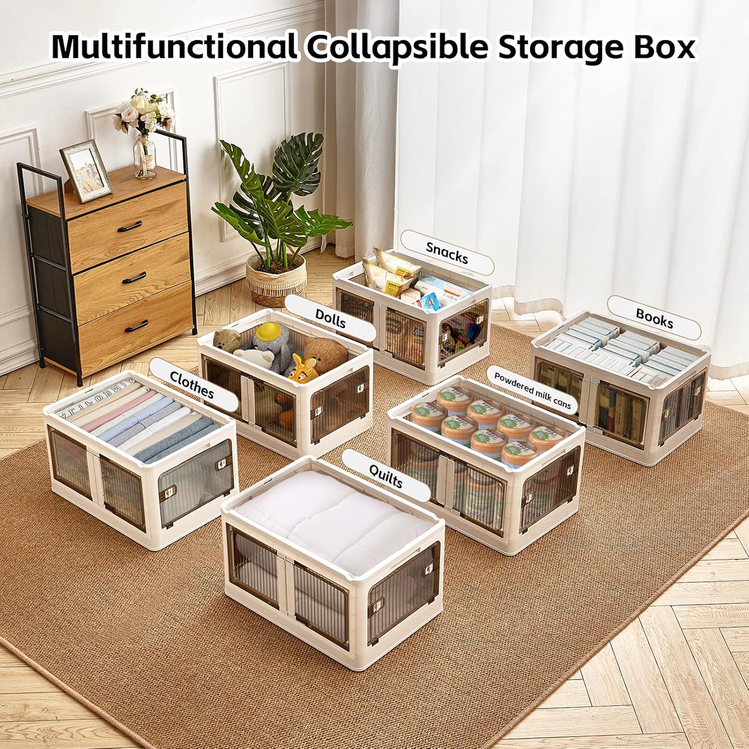 BTGGG 3 Pack Storage Boxes with Lids 55L*3 Foldable Storage Box, Plastic Collapsible Storage Box with Wheels, Stackable Lockable Cube Storage Crate Bins, Folding Storage Boxes for Home Organization-7