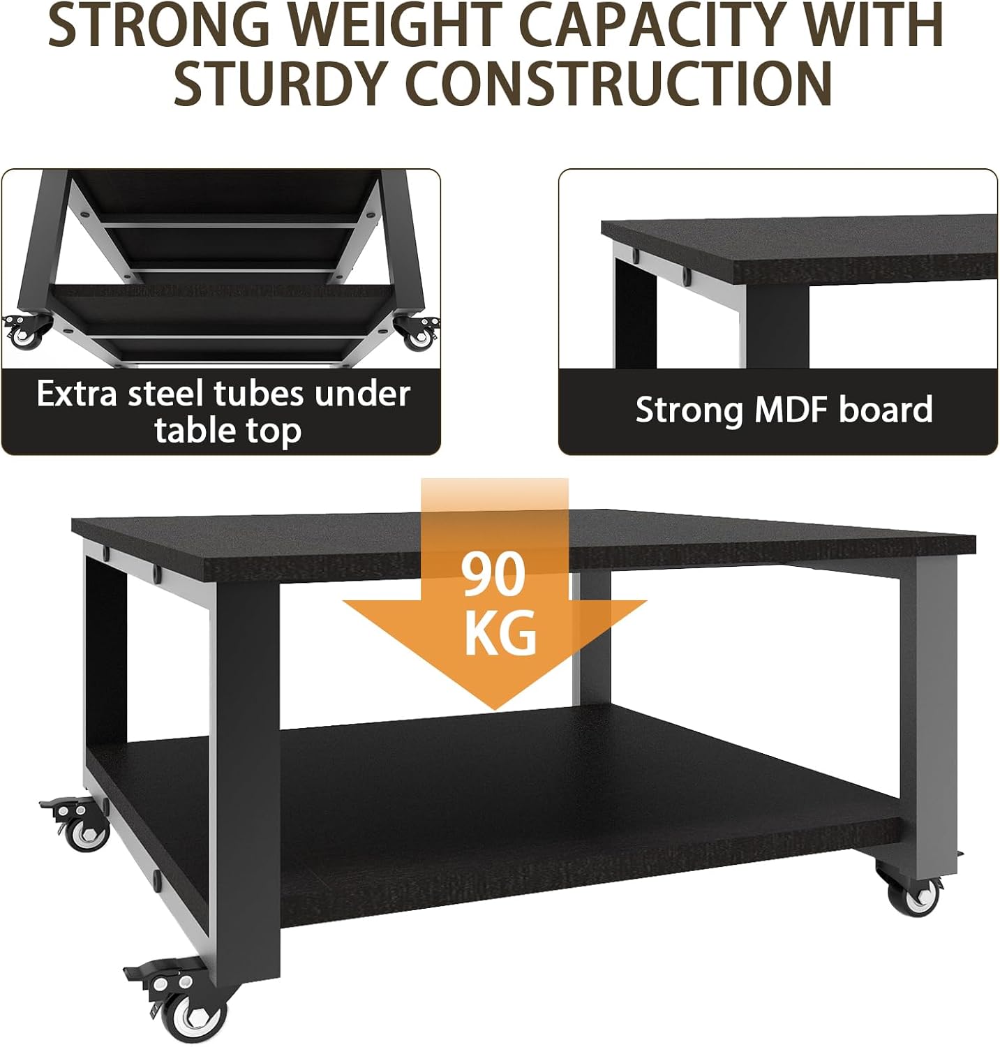 PUNCIA 2 Tier Laser Printer Stand, 60x60x32.5cm Large Printer Table Copier Stand, Heavy Duty Rolling Printer Cart with Paper Storage Shelf, Printer Holder with Wheels for Home Office (Black)-4