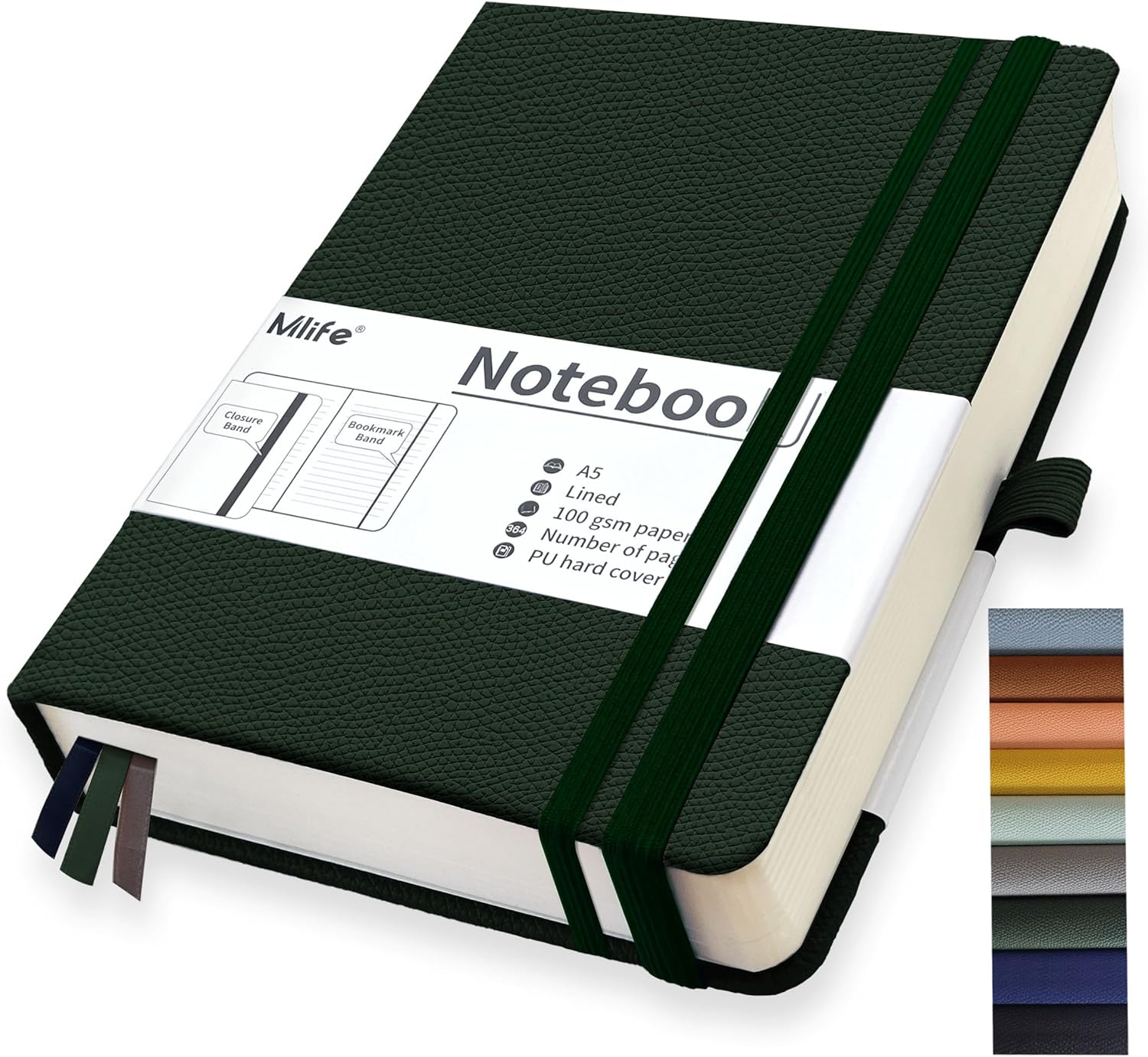 Mlife A5 Thickened Journal Notebook-Lined Notepad with 360 Pages and 100g/M² Inkproof Paper,Notebooks ith Folding Pocket,Elastic Banded for Office School Supplies Diary&Writing(Green)-0