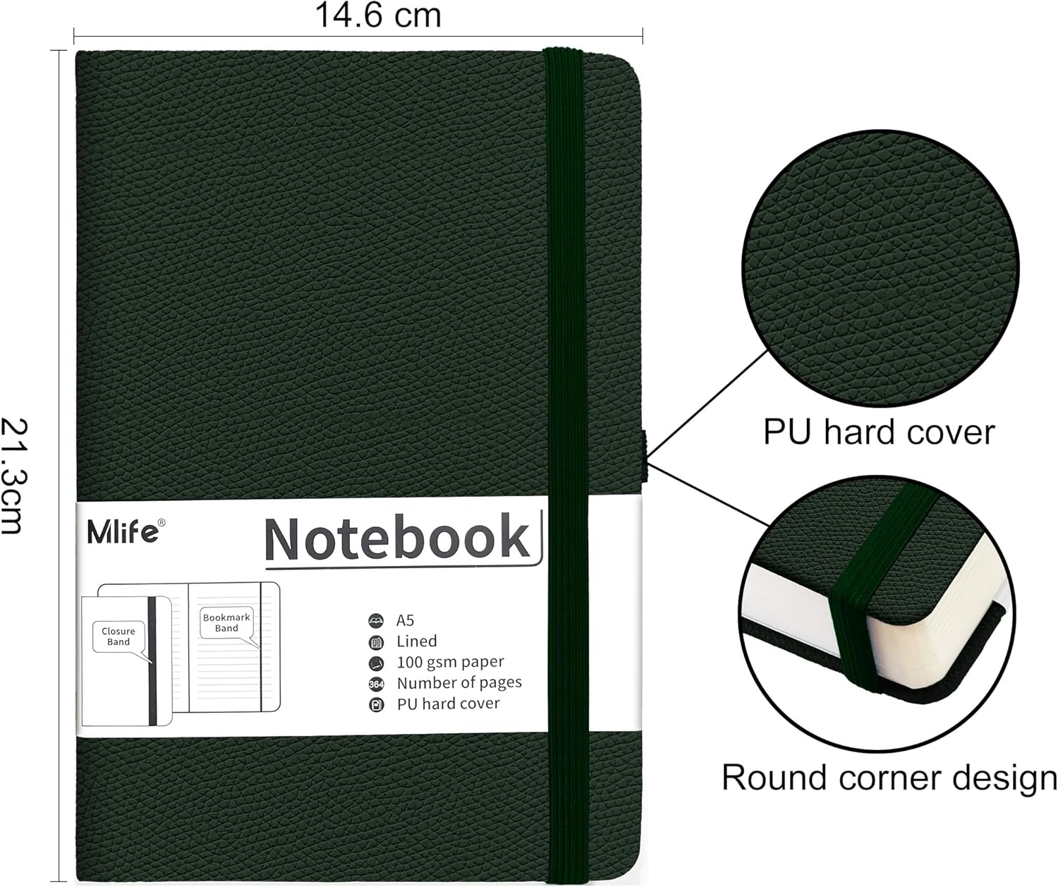 Mlife A5 Thickened Journal Notebook-Lined Notepad with 360 Pages and 100g/M² Inkproof Paper,Notebooks ith Folding Pocket,Elastic Banded for Office School Supplies Diary&Writing(Green)-1