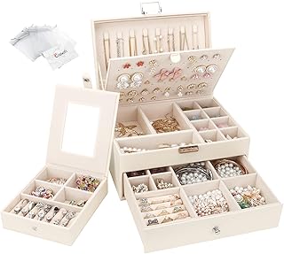 Jewellery Box Organiser 2 Layers, Large PU Leather Jewelry Storage Case with Portable Travel Jewellery Case, Jewellery Organiser Holder for Rings Earrings Bracelets Necklaces, Beige