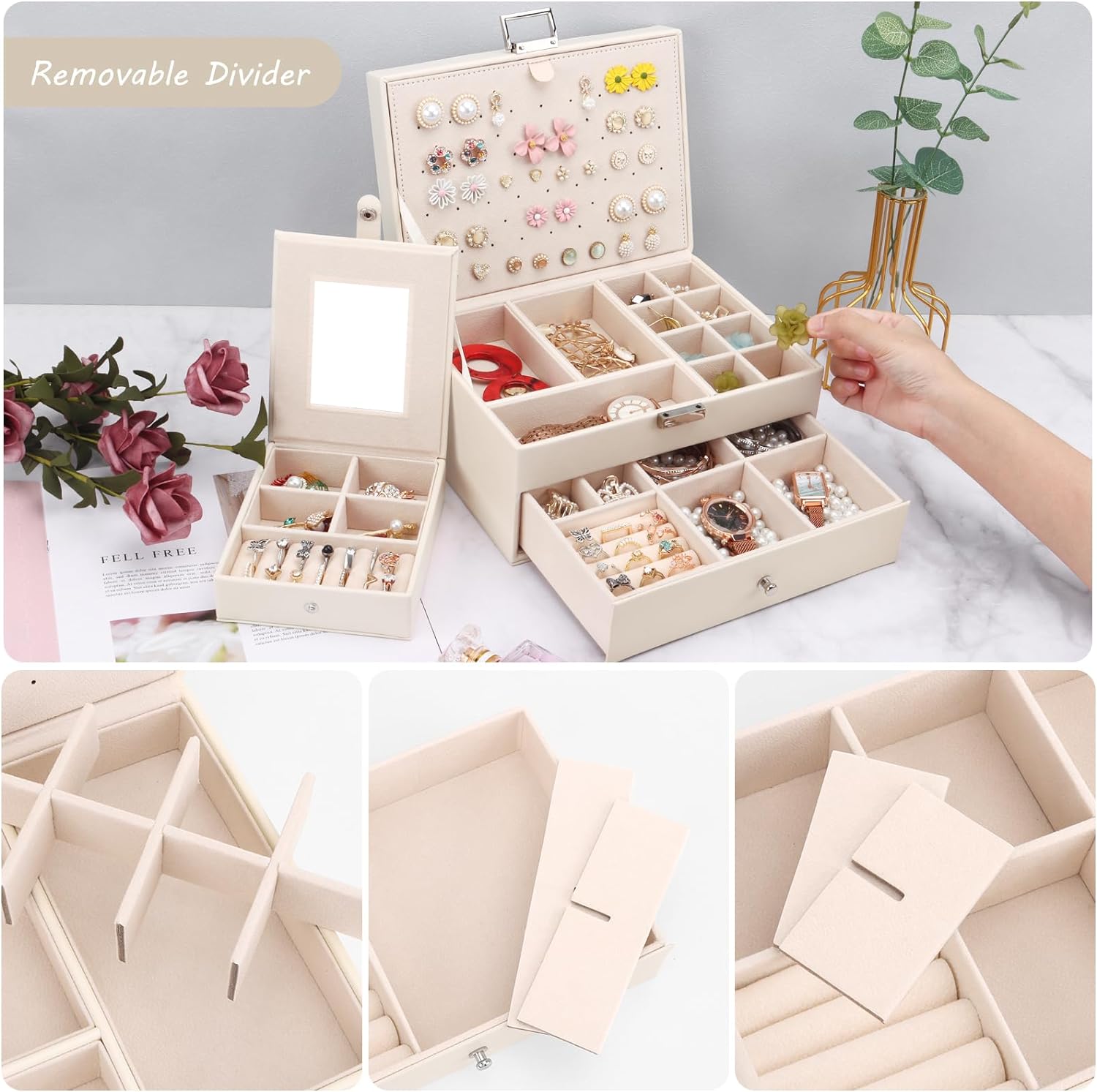 Jewellery Box Organiser 2 Layers, Large PU Leather Jewelry Storage Case with Portable Travel Jewellery Case, Jewellery Organiser Holder for Rings Earrings Bracelets Necklaces, Beige-3