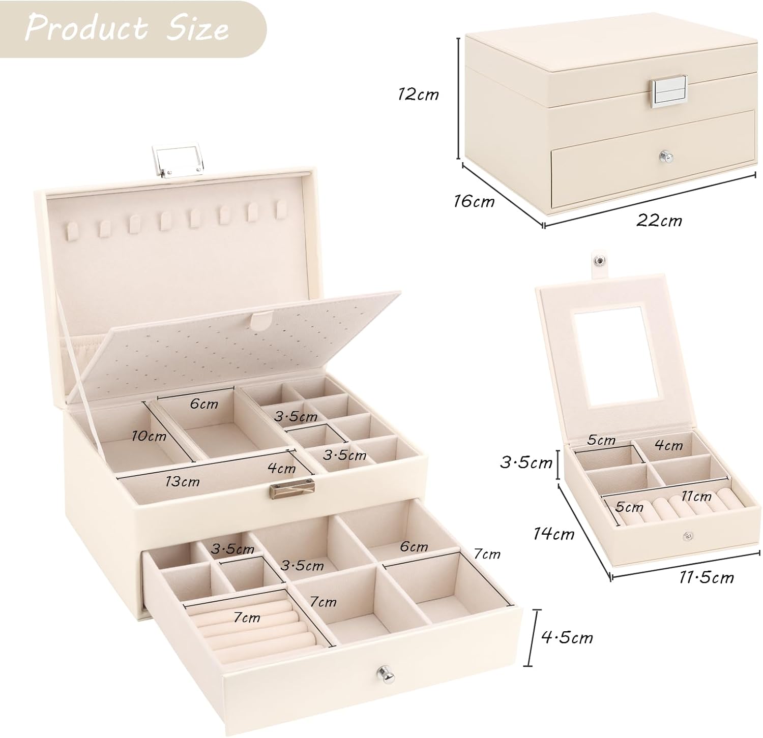 Jewellery Box Organiser 2 Layers, Large PU Leather Jewelry Storage Case with Portable Travel Jewellery Case, Jewellery Organiser Holder for Rings Earrings Bracelets Necklaces, Beige-4