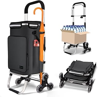 VOUNOT Folding Shopping Trolley on 6 Wheels, Aluminium Lightweight Shopping Cart with Insulated Cooling Bag, 2 Hooks, 2 Side Pockets, Stair Climbing Grocery Trolley, 50L Black