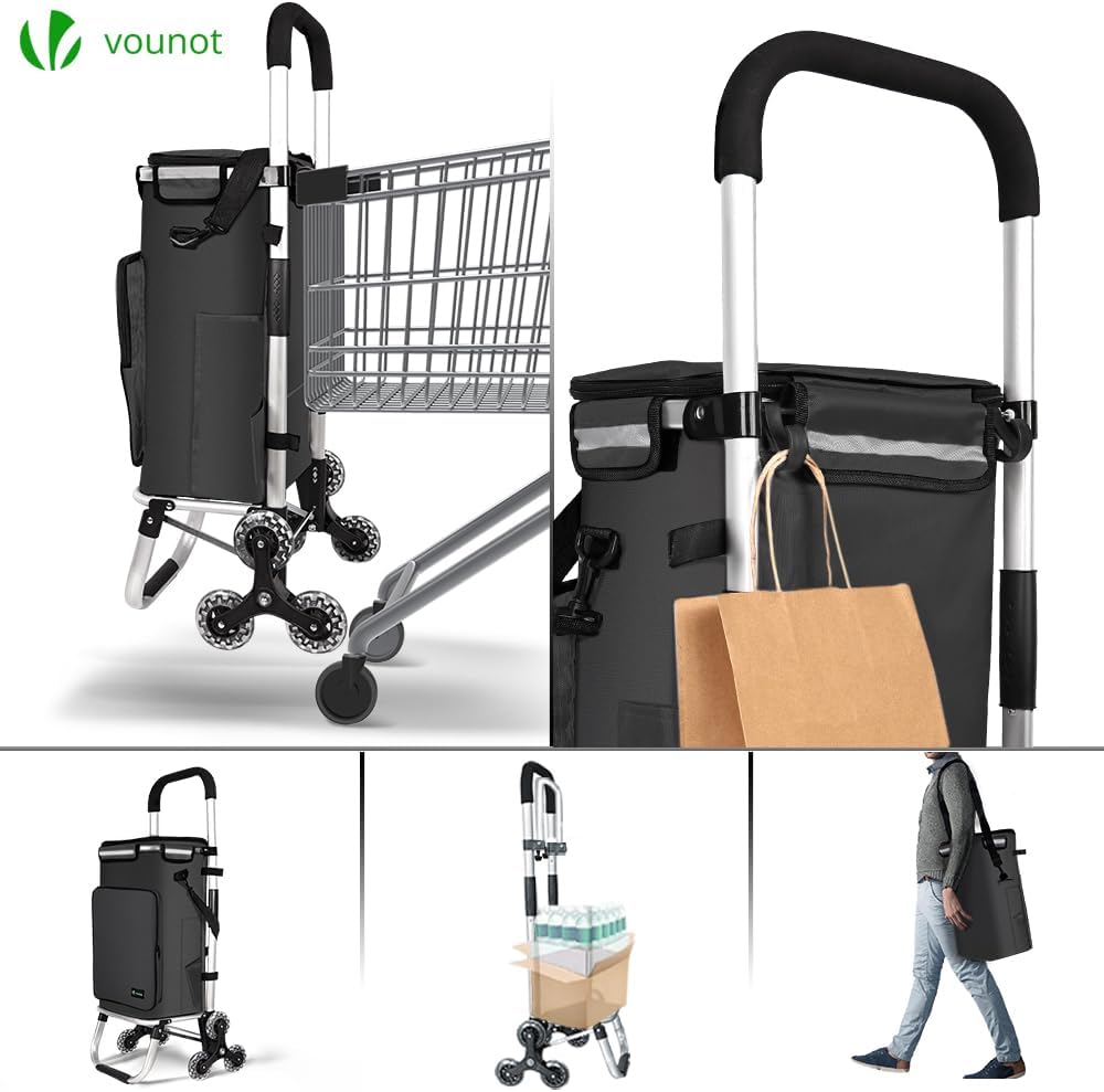 VOUNOT Folding Shopping Trolley on 6 Wheels, Aluminium Lightweight Shopping Cart with Insulated Cooling Bag, 2 Hooks, 2 Side Pockets, Stair Climbing Grocery Trolley, 50L Black-3