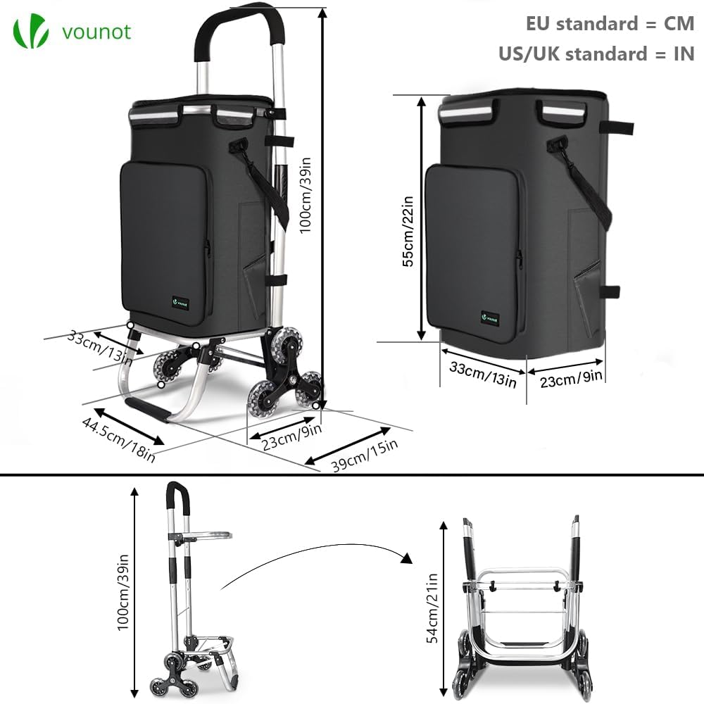 VOUNOT Folding Shopping Trolley on 6 Wheels, Aluminium Lightweight Shopping Cart with Insulated Cooling Bag, 2 Hooks, 2 Side Pockets, Stair Climbing Grocery Trolley, 50L Black-5