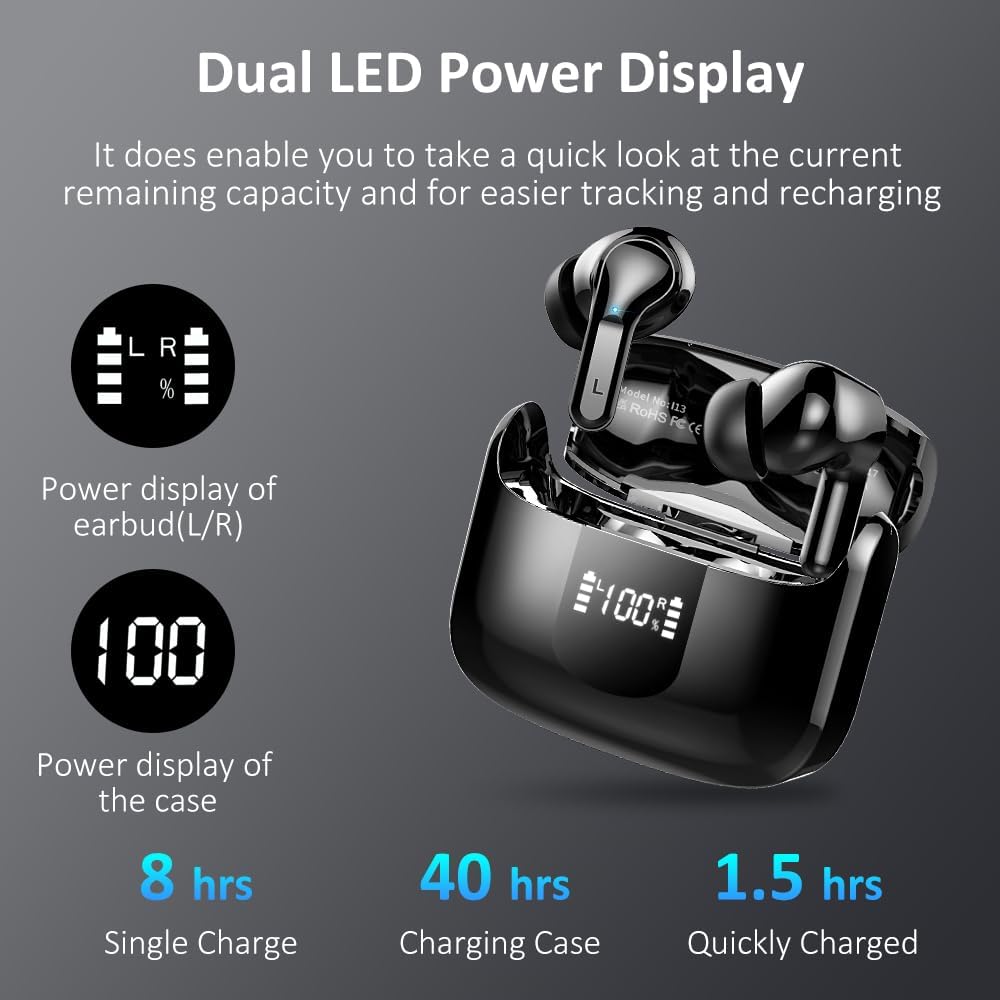 Wireless Earbuds, Wireless Headphones Bluetooth 5.3 Headphones with 4 ENC Mic, NEW 40H Bluetooth Earphones in Ear Deep Bass Noise Cancelling Bluetooth Earbuds Mini Ear Buds IP7 Waterproof LED Display-3