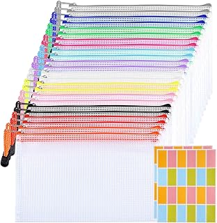 Plastic Wallets A5 Zip Lock Bags - 24 Pack Plastic Folders Document Zipper Bags Mesh Zip Wallet Waterproof Plastic File Folders with 48 Stickers