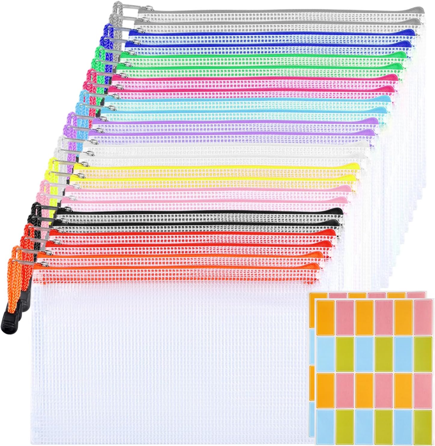 Plastic Wallets A5 Zip Lock Bags - 24 Pack Plastic Folders Document Zipper Bags Mesh Zip Wallet Waterproof Plastic File Folders with 48 Stickers-0