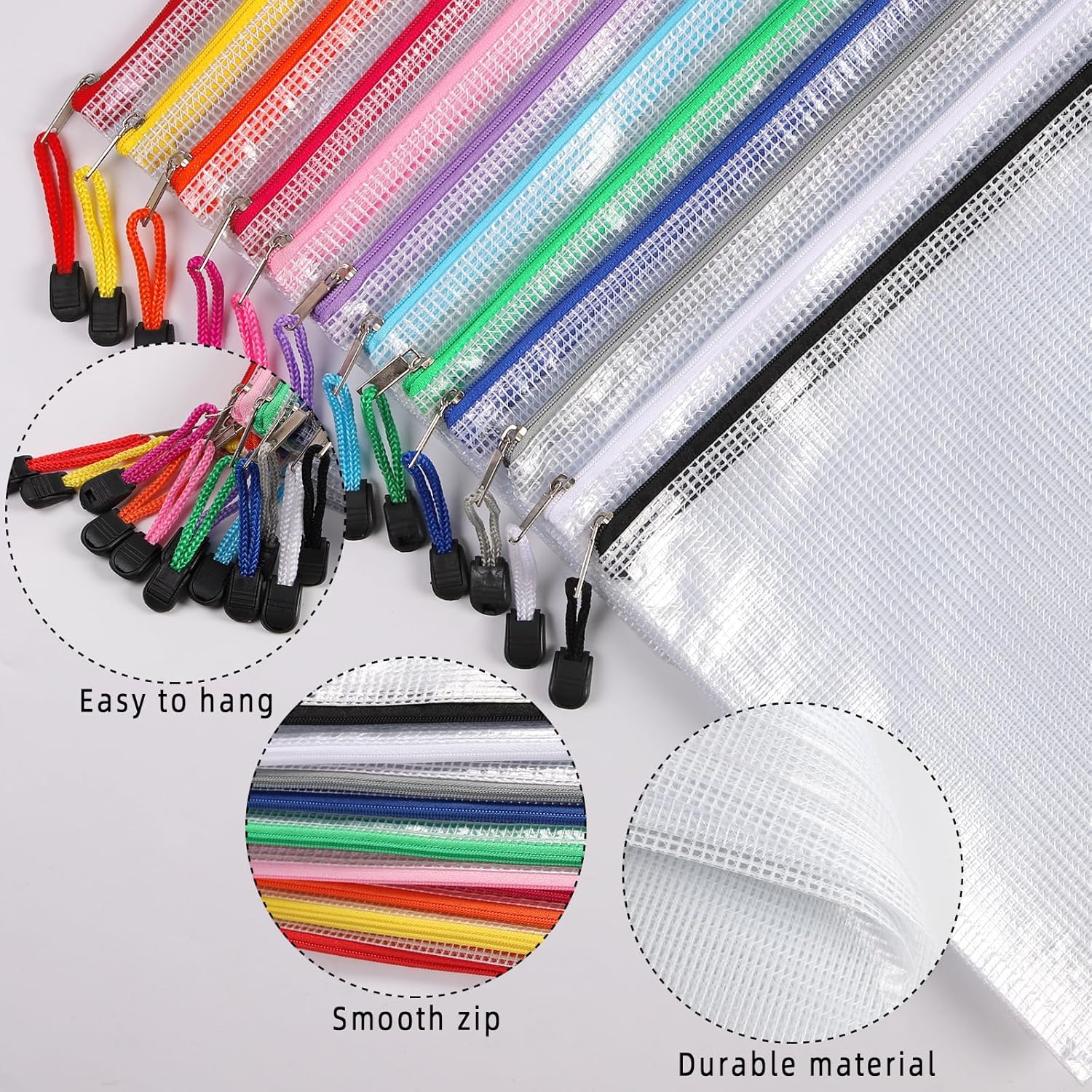 Plastic Wallets A5 Zip Lock Bags - 24 Pack Plastic Folders Document Zipper Bags Mesh Zip Wallet Waterproof Plastic File Folders with 48 Stickers-3