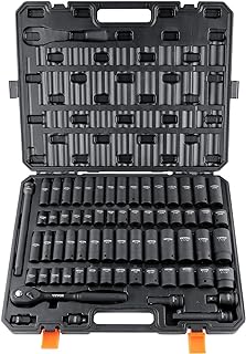 VEVOR 1/2" Drive Impact Socket Set, 65 Piece Socket Set SAE 3/8" to 1-1/4" and Metric 10-24mm, 6 Point Cr-V Alloy Steel for Auto Repair, Easy-to-Read Size Markings, Rugged Construction, Storage Case