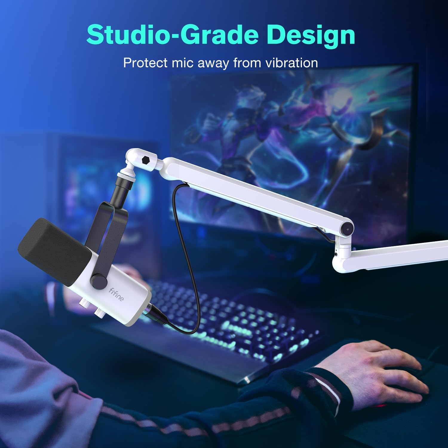 FIFINE Microphone Stand, Mic Boom Arm Stand, Low Profile Podcast Scissor Suspension Stand with Desk Mount, Cables Channels Management, Metal Arm Stand for Recording, Streaming, Gaming-BM88 White-2