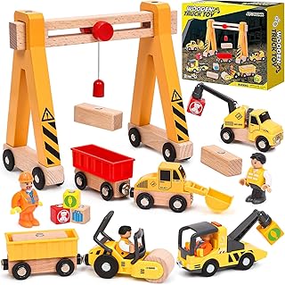 Wooden Construction Vehicle Toy Set for Kids Boys 2 3 4 5 Years, Magnetic Vehicles Site Playset with Gantry Crane, Excavator, Crane Truck, Road Roller, Tow Truck, Wooden Truck Toy Gift Kids Toddler