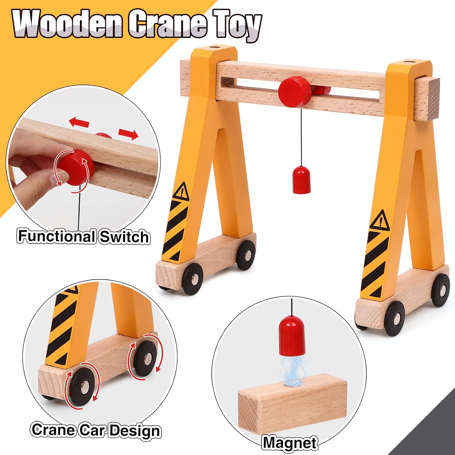 Wooden Construction Vehicle Toy Set for Kids Boys 2 3 4 5 Years, Magnetic Vehicles Site Playset with Gantry Crane, Excavator, Crane Truck, Road Roller, Tow Truck, Wooden Truck Toy Gift Kids Toddler-1