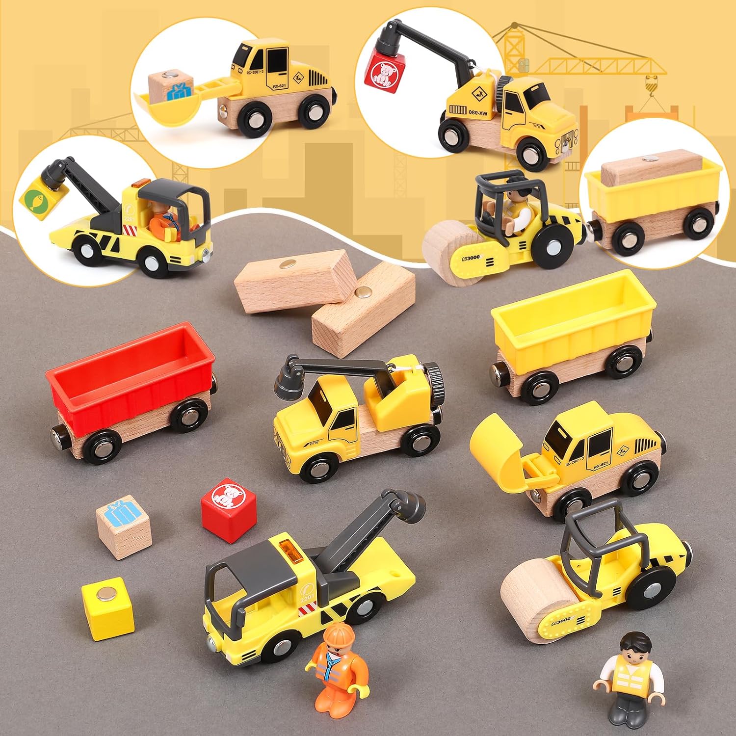 Wooden Construction Vehicle Toy Set for Kids Boys 2 3 4 5 Years, Magnetic Vehicles Site Playset with Gantry Crane, Excavator, Crane Truck, Road Roller, Tow Truck, Wooden Truck Toy Gift Kids Toddler-3