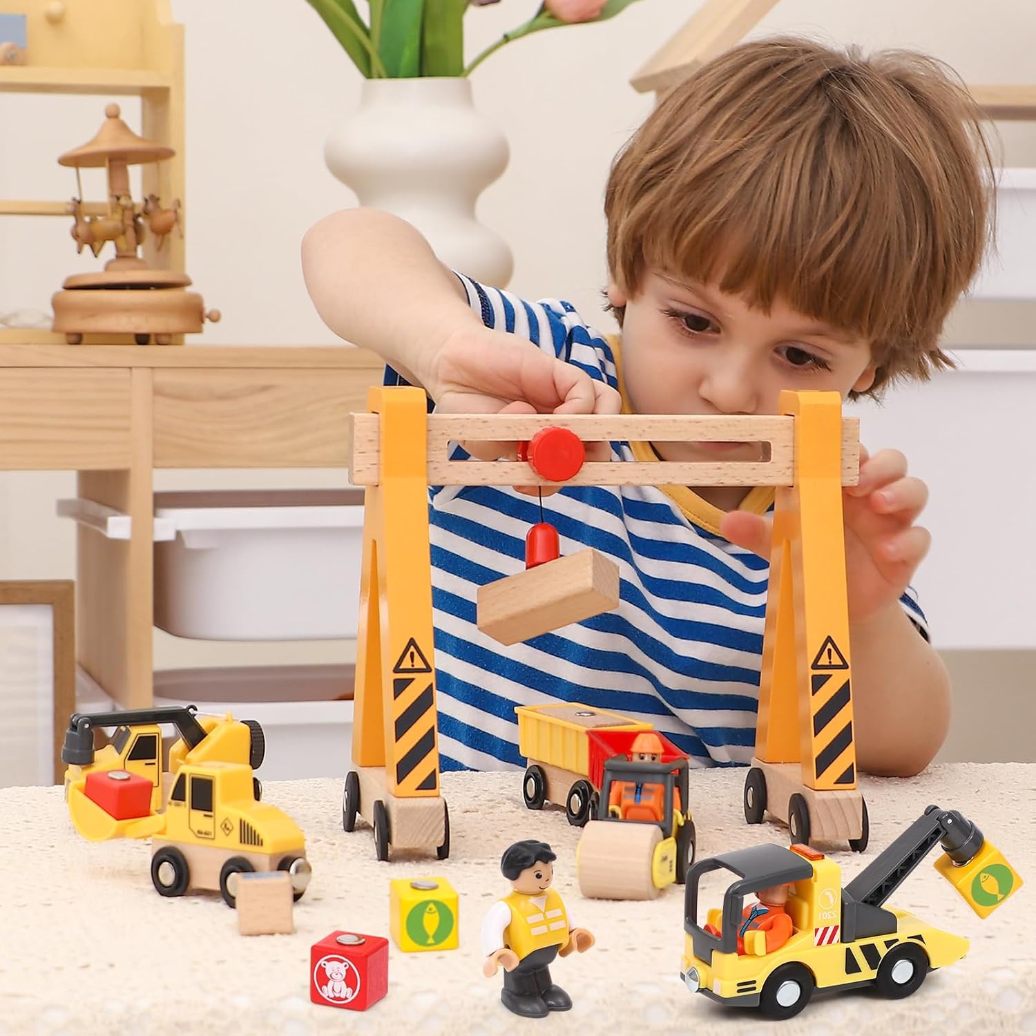 Wooden Construction Vehicle Toy Set for Kids Boys 2 3 4 5 Years, Magnetic Vehicles Site Playset with Gantry Crane, Excavator, Crane Truck, Road Roller, Tow Truck, Wooden Truck Toy Gift Kids Toddler-4