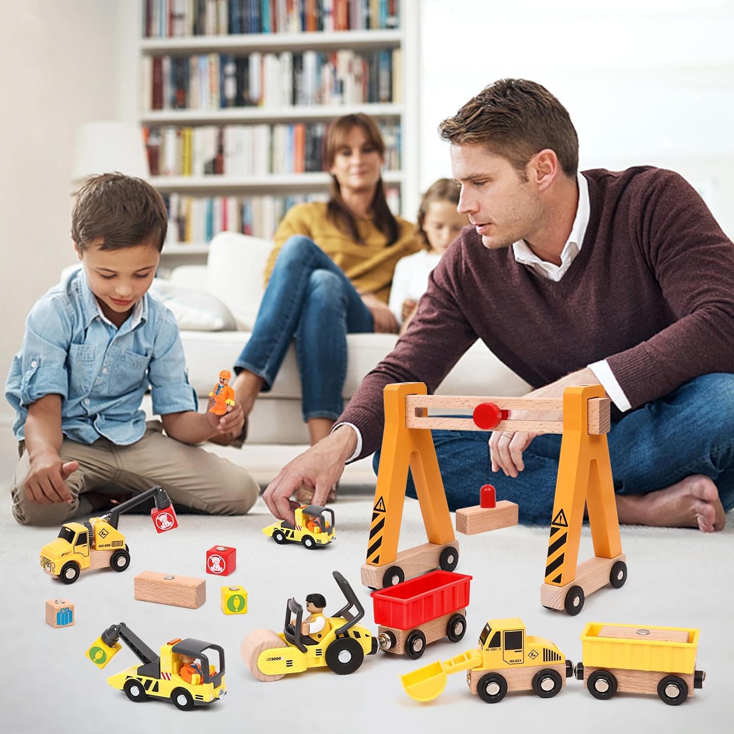 Wooden Construction Vehicle Toy Set for Kids Boys 2 3 4 5 Years, Magnetic Vehicles Site Playset with Gantry Crane, Excavator, Crane Truck, Road Roller, Tow Truck, Wooden Truck Toy Gift Kids Toddler-5