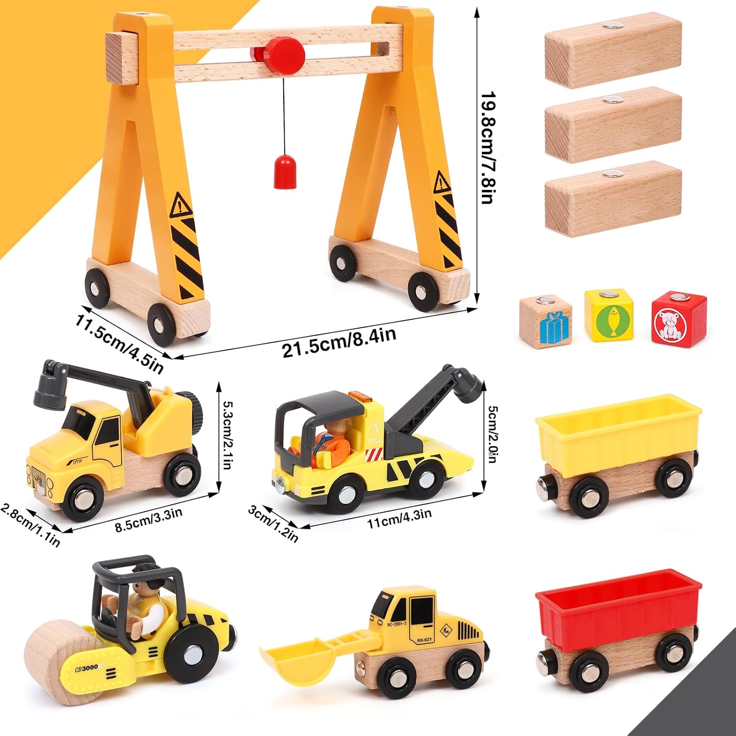 Wooden Construction Vehicle Toy Set for Kids Boys 2 3 4 5 Years, Magnetic Vehicles Site Playset with Gantry Crane, Excavator, Crane Truck, Road Roller, Tow Truck, Wooden Truck Toy Gift Kids Toddler-6