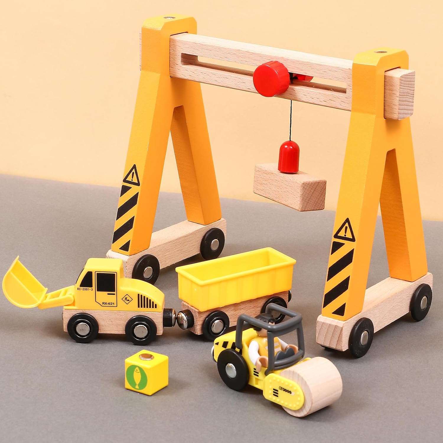 Wooden Construction Vehicle Toy Set for Kids Boys 2 3 4 5 Years, Magnetic Vehicles Site Playset with Gantry Crane, Excavator, Crane Truck, Road Roller, Tow Truck, Wooden Truck Toy Gift Kids Toddler-7