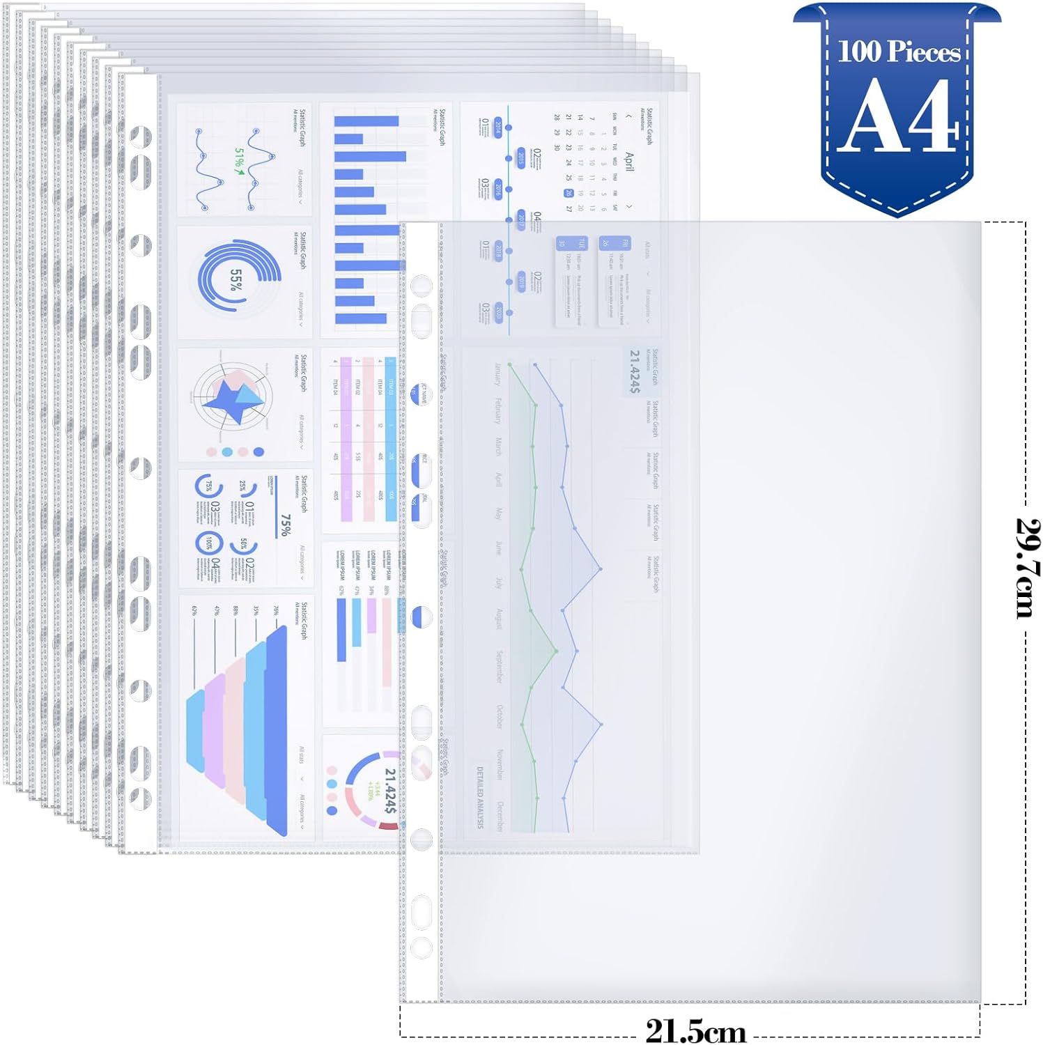 Punched Pockets, 100 Pack A4 Clear Plastic Wallets 90 Micron Extra Strong Sleeves, Top Opening Poly Pocket Sheet Protectors for Ring Binder File Folders-1