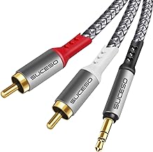 SUCESO Phono to 3.5mm Jack Cable 2x RCA to 3.5mm Male Headphone Mini Jack Stereo Audio Y Splitter Red & White Aux Cord Compatible with Hi-Fi Amplifier Speaker Car DJ Controller TV Phone Turntable - 2M