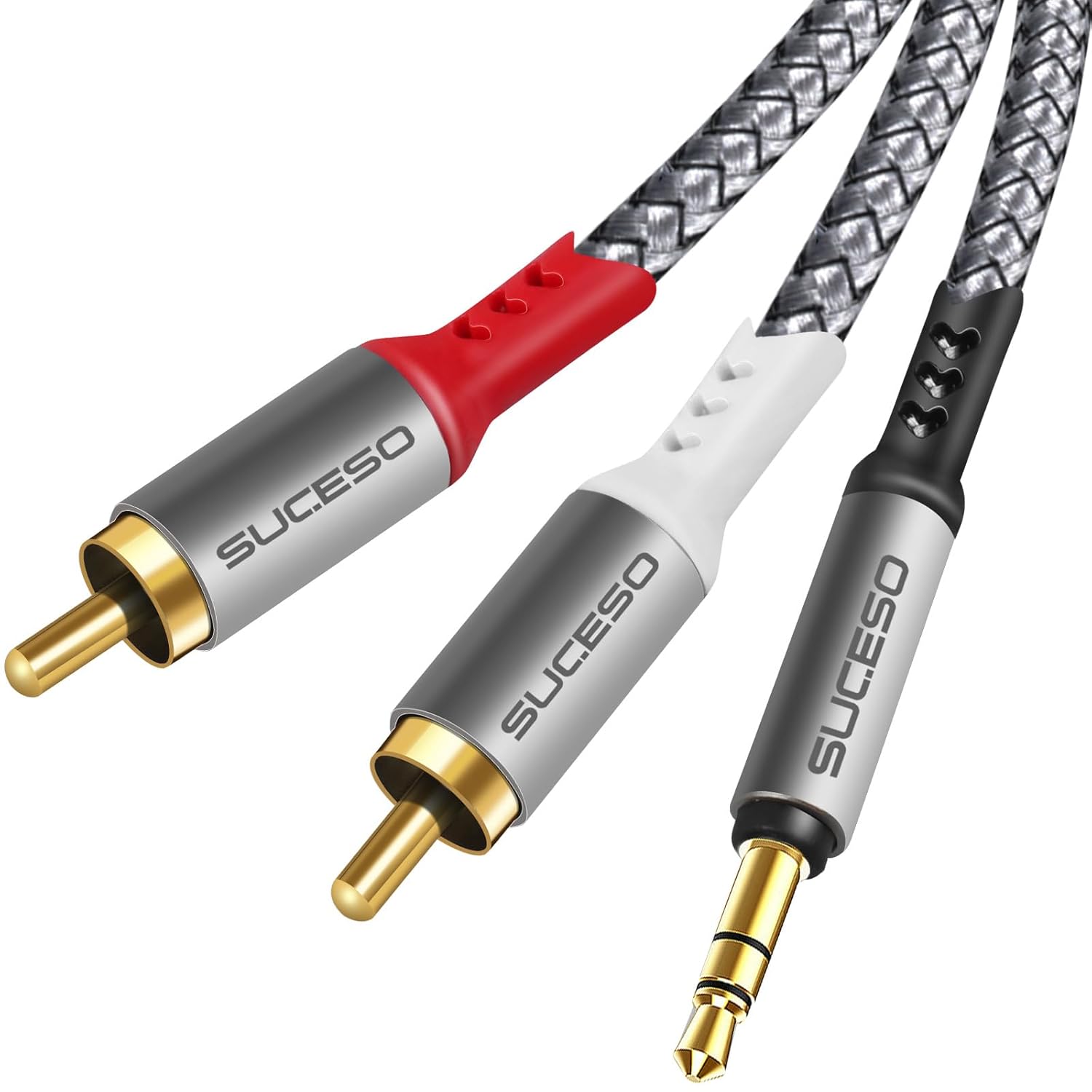 SUCESO Phono to 3.5mm Jack Cable 2x RCA to 3.5mm Male Headphone Mini Jack Stereo Audio Y Splitter Red & White Aux Cord Compatible with Hi-Fi Amplifier Speaker Car DJ Controller TV Phone Turntable - 2M-0