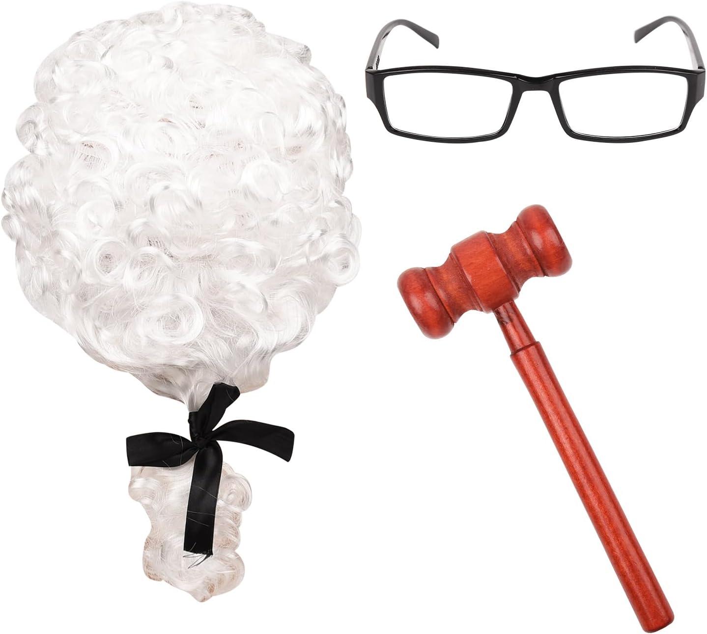 Lezevn 3Pcs Judge Wig Judge Gavels and Glasses Judge Court Lawyer Wig Headwear Mini Wooden Judge Gavel Toy Halloween Costume Accessories-0