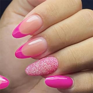 Rosarden 24pcs French Tip False Nails Rose & Glitter Silver Edge Short Press on - Stick on nails Removable Glue-on Fake Nails Acrylic Full Cover Nails Women Girls Nail Art Accessories