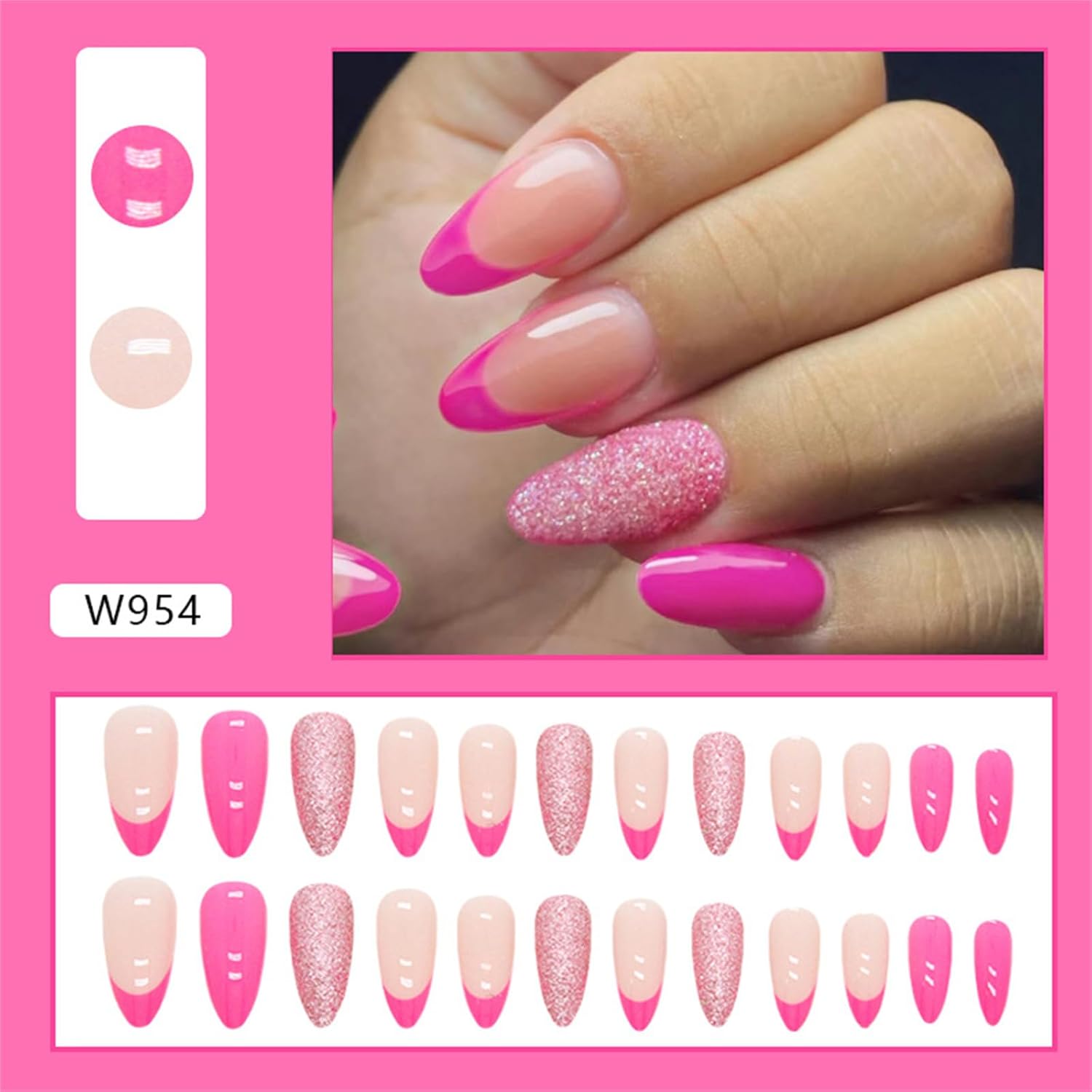 Rosarden 24pcs French Tip False Nails Rose & Glitter Silver Edge Short Press on - Stick on nails Removable Glue-on Fake Nails Acrylic Full Cover Nails Women Girls Nail Art Accessories-1