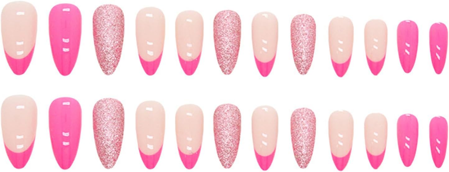 Rosarden 24pcs French Tip False Nails Rose & Glitter Silver Edge Short Press on - Stick on nails Removable Glue-on Fake Nails Acrylic Full Cover Nails Women Girls Nail Art Accessories-3