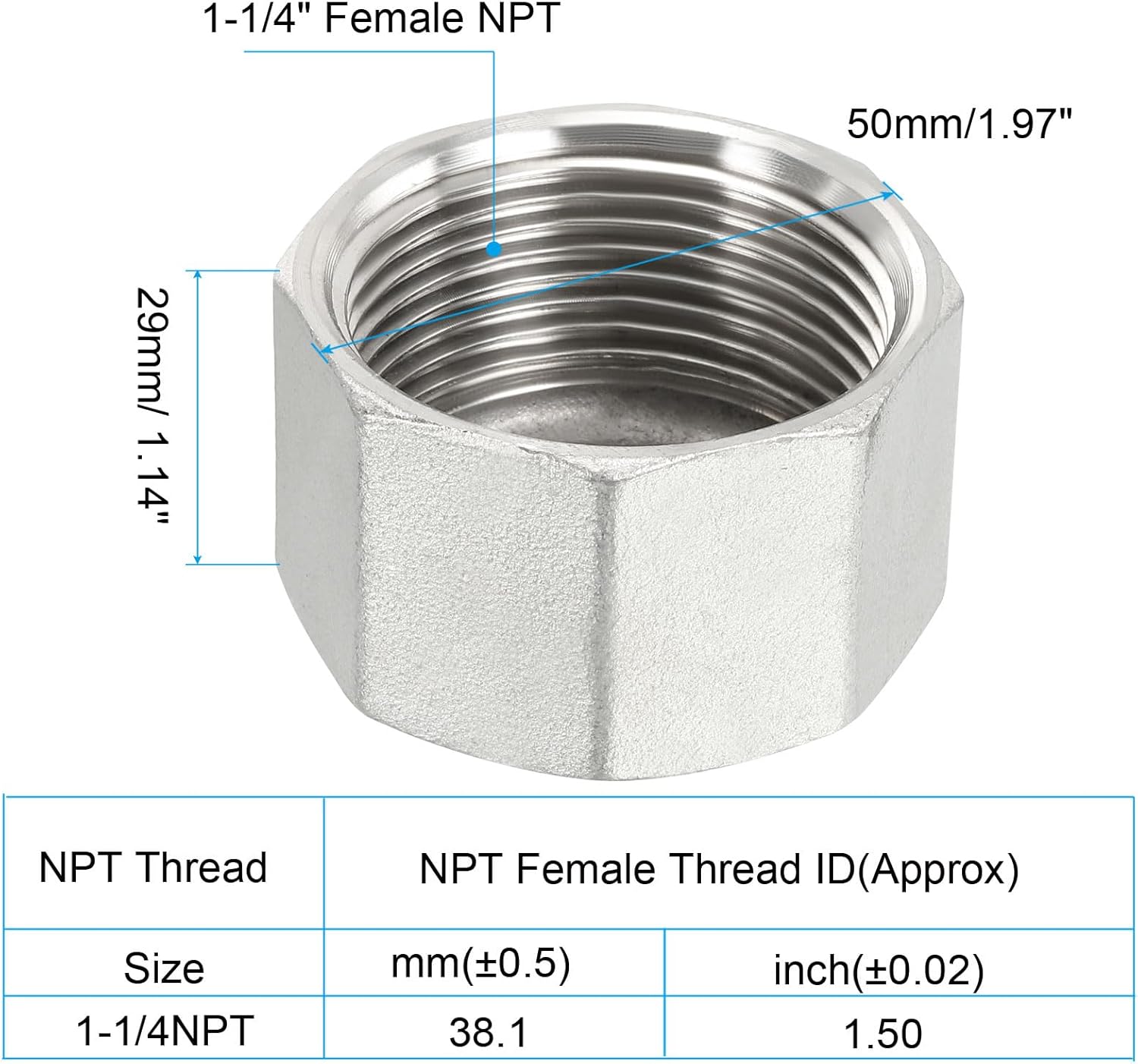 PATIKIL 1-1/4" Pipe Fitting Cap, 304 Stainless Steel Forged Pipe Cap for DIY, Plumbing System-1