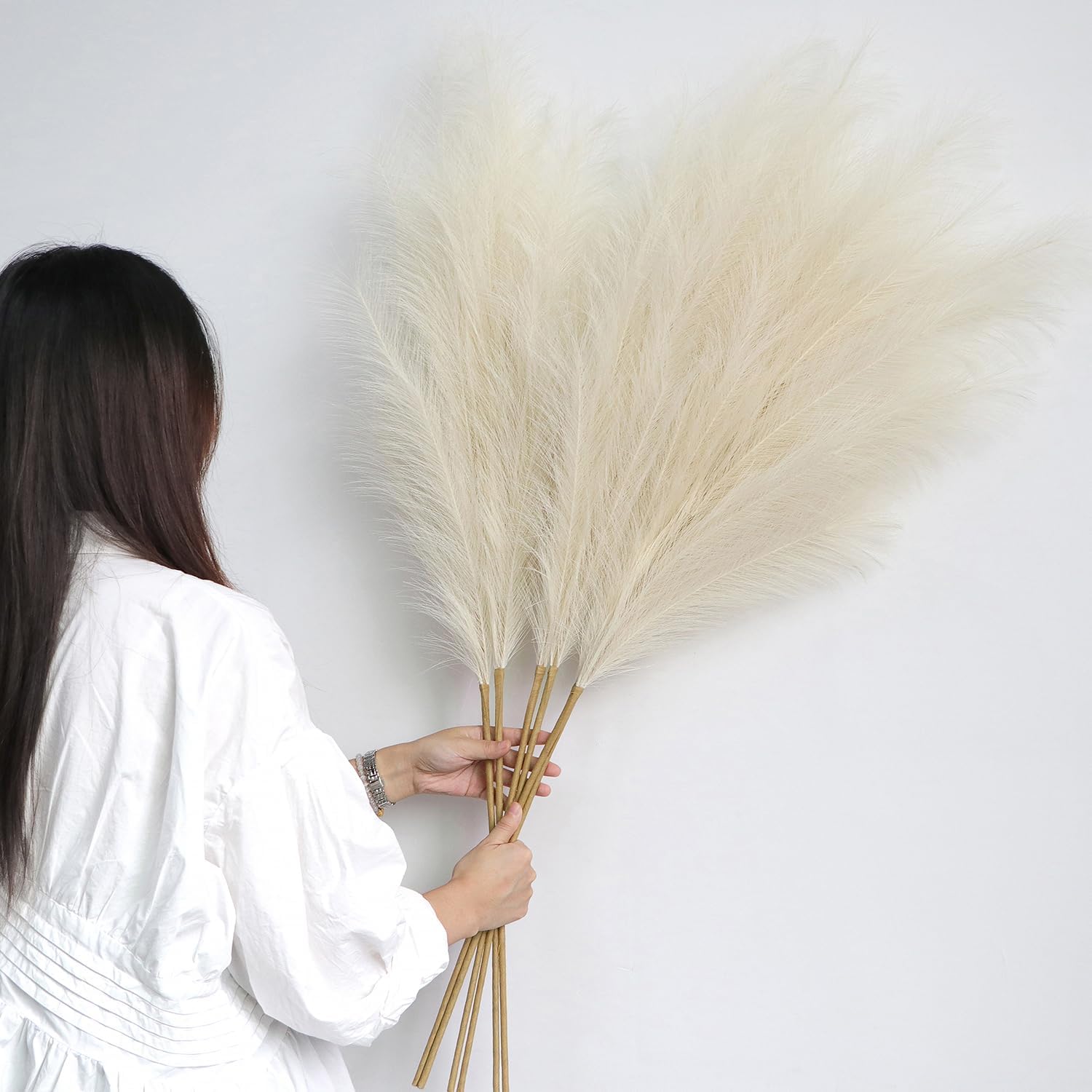 YiYa Artificial Pampas Grass Decoration 6 Pcs 113CM Large Pampas Grass Stems Off white Fluffy Artificial Pampas Grass for Floor Vases Tall Plant Flowers Boho Home Decor Office Decor-0