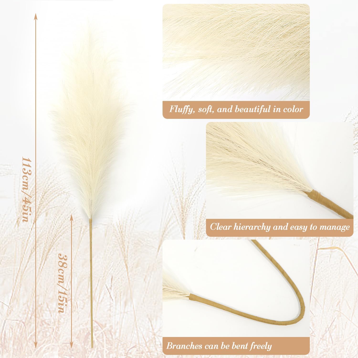 YiYa Artificial Pampas Grass Decoration 6 Pcs 113CM Large Pampas Grass Stems Off white Fluffy Artificial Pampas Grass for Floor Vases Tall Plant Flowers Boho Home Decor Office Decor-1