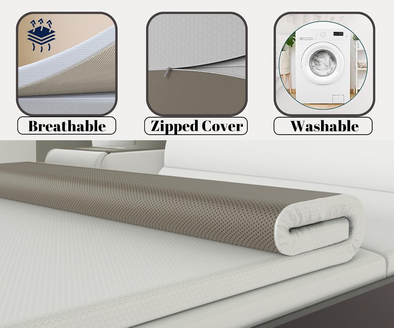 SLEEPY OWL 3 Inch Memory Foam Mattress Topper DOUBLE Bed, 7cm Thick Gel Infused Orthopedic Mattress Pad for Back Pain, Removable Washable Zipped Cover with Elastic Straps (Double 135x190, 7 cm)-2