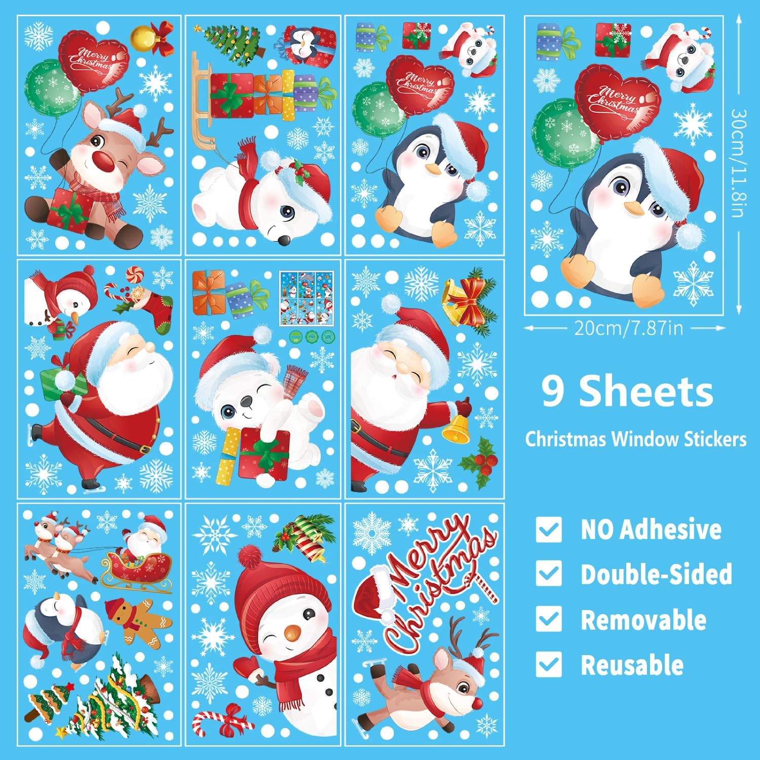 RnCop Christmas Window Stickers, 9 Sheets Double Sides Reusable Christmas Window Clings - Colorful-2