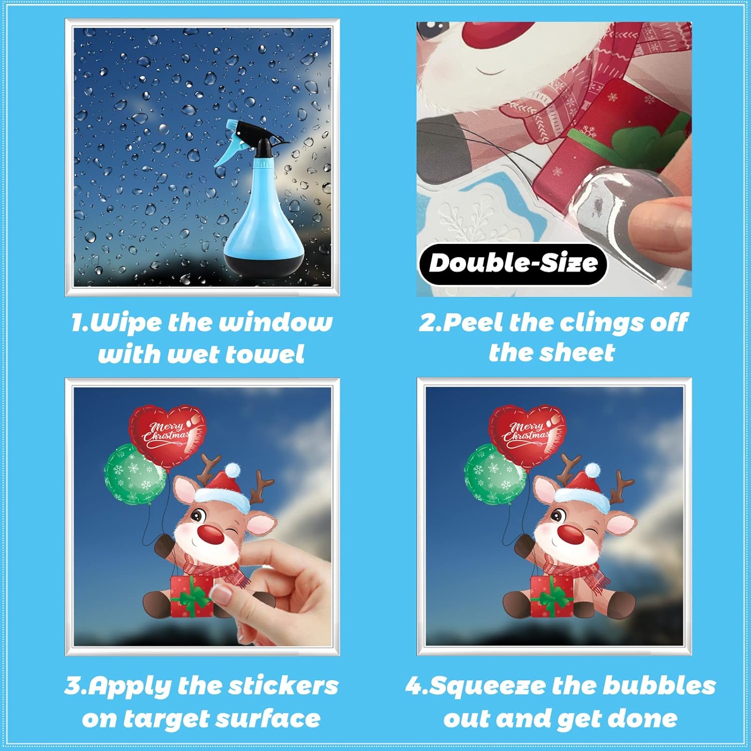 RnCop Christmas Window Stickers, 9 Sheets Double Sides Reusable Christmas Window Clings - Colorful-4